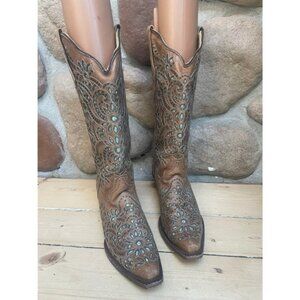 CORRAL BOOTS! Brown w/AQUA Glitter Inlay SNIP Toe Western Cowgirl!  9.5